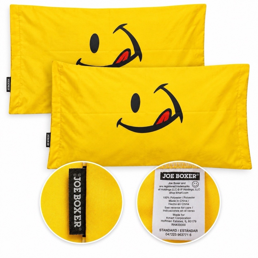 Joe Boxer Set of 2 Pillowcases Yellow Happy Smiley Winking Face